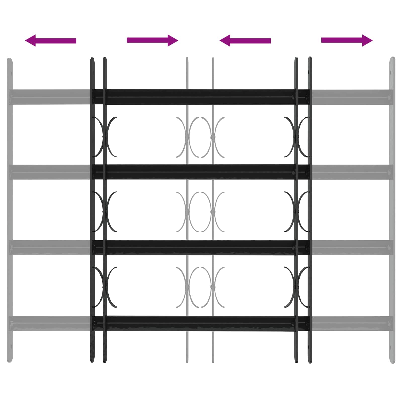 Juego de 3 barreras de seguridad para ventanas de acero galvanizado, color negro, 4 barras transversales, anchura ajustable de 43 a 74 cm, montaje horizontal, para claraboyas y ventanas de
