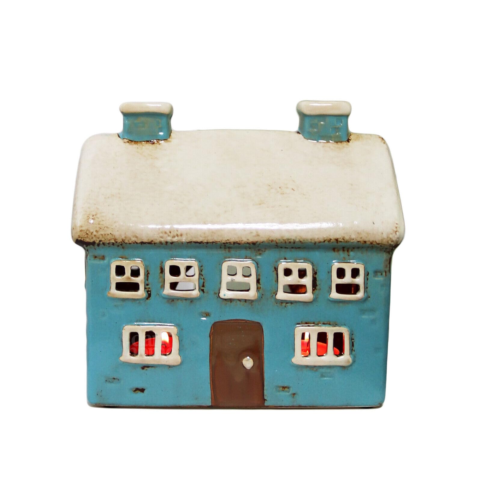 Darthome Blue Large House Tealight Holder Glazed Ceramic Hand Painted Home Candle Lantern