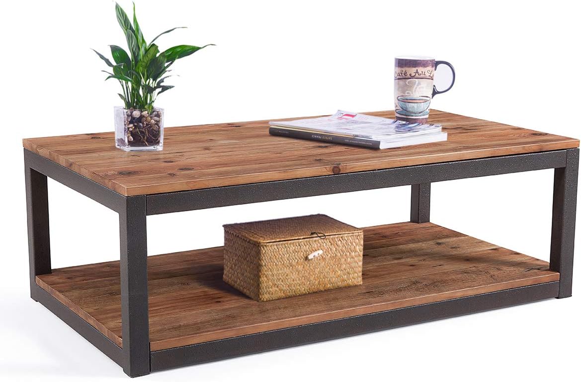 Farmhouse Real Reclaimed Wood Coffee Table with Storage Shelf for Living Room, 43.3" Rustic Accent Cocktail Table, Vintage Industrial Brown Metal Frame