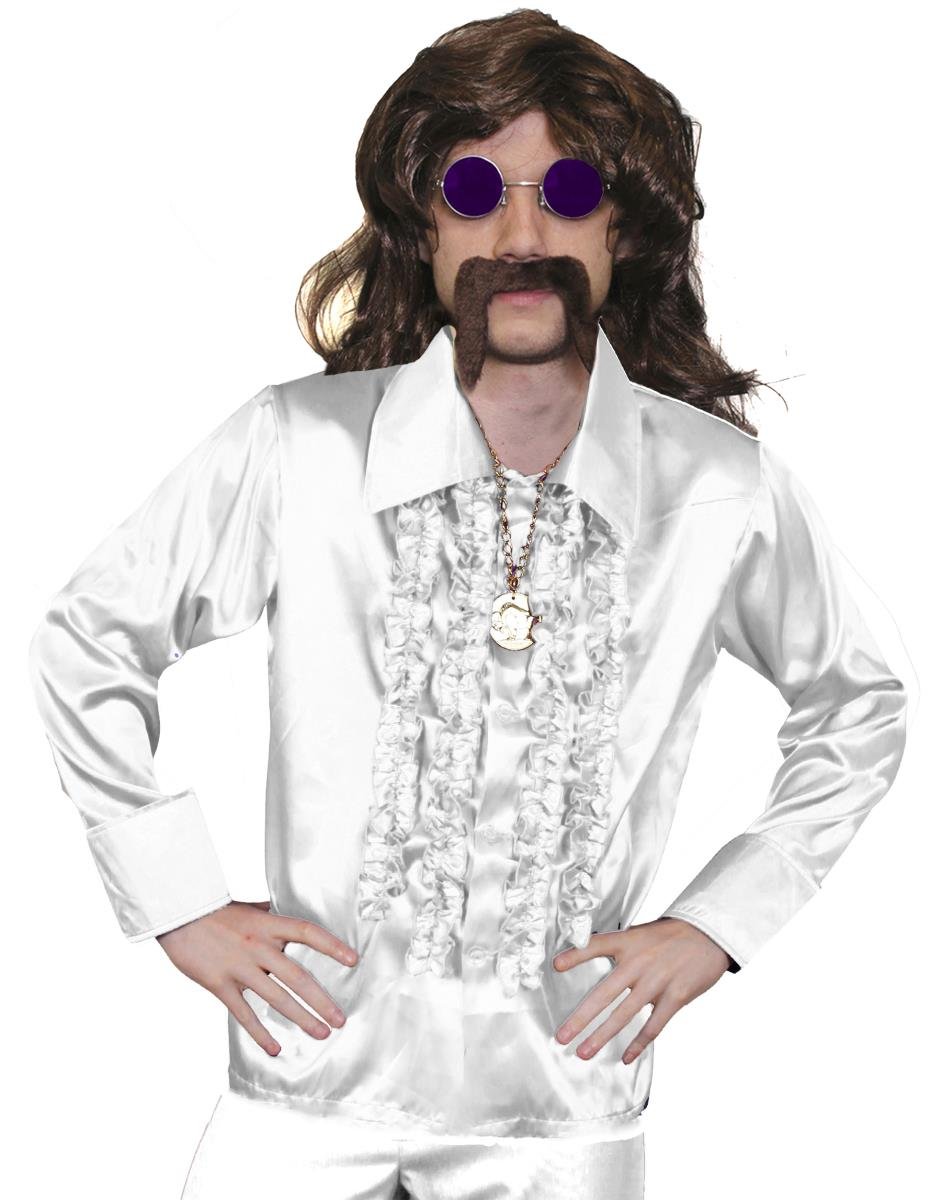Mens 70s Disco Fancy Dress Costume - Mens Long Brown Wig, White Disco Shirt, Gold Medallion, Purple Glasses + Brown Moustache - Funky Fancy Dress Costume - White Shirt (X-large)