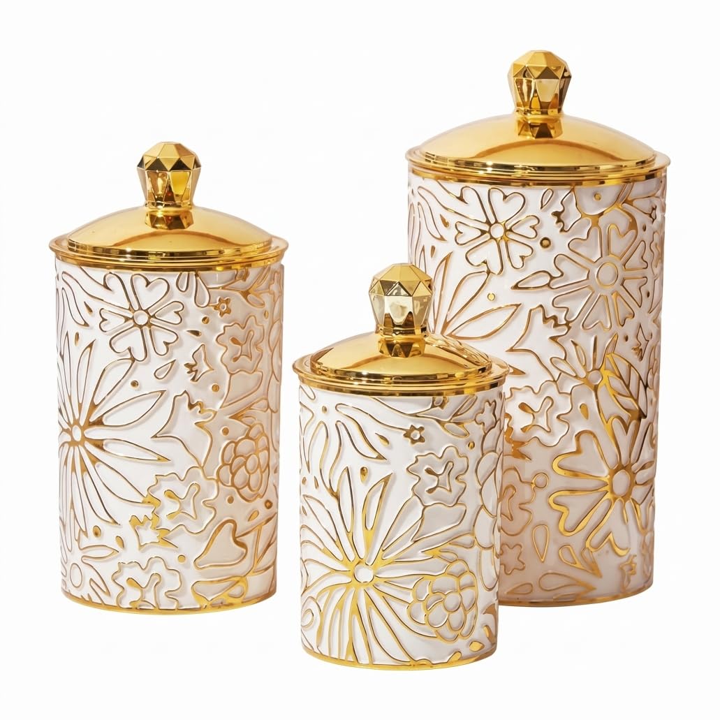 Perodlly Tea Coffee Sugar Canister Set, 3pcs Kitchen Canisters, Nesting Airtight Storage Jars For Tea, Coffee, Sugar & Snacks, Milky White With Gold Flowers.