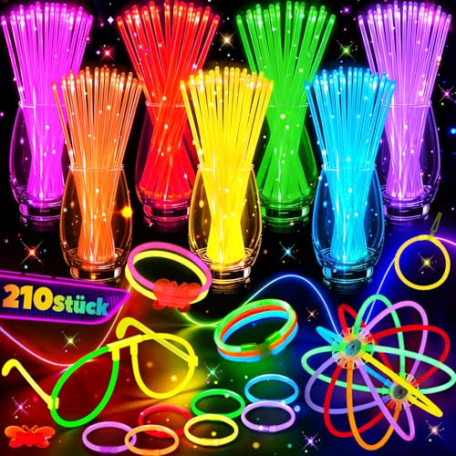 210 Stück Knicklichter Party Set 100 Leuchtstäbe mit 100 Verbinder Brillen Ohrringe Armband Neon Party Deko für Festival Hochzeit Mitgebsel Gastgeschenke für Geburtstag Halloween Weihnachten
