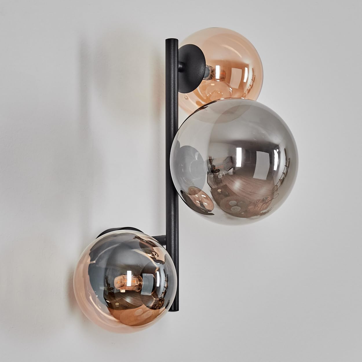 HOFSTEIN Wandleuchte Chehalis, Wandlampe aus Metall/Glas in Schwarz/Rauch/Bernstein, Leuchte im Retro/Vintage-Design (Ø Schirme 12; 15 cm), G9, Wohnzimmer, Schlafzimmer, Küche, Flur, Treppenhaus