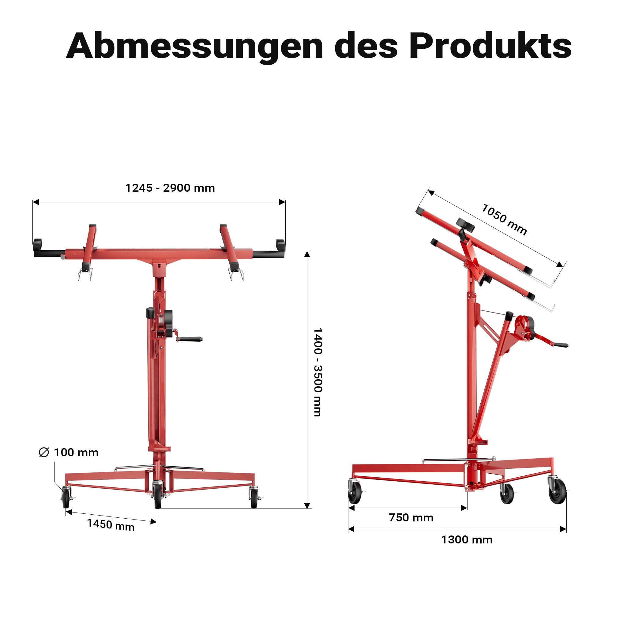 Wiltec SET XXL Plattenheber bis max. 68 kg + 140 cm Verlängerung, Höhe 140-465 cm, max. Breite 2,90 m, Montagehilfe für Trockenbau, Paneelheber mit 3 Rädern, rot