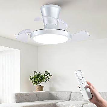 Retractable Ceiling Fans with Lights, 24" Small Ceiling Fan Light Remote Control, LED Dimmable Flush Mount Fandelier, 6 Speeds Modern Ceiling Fan for Bedroom Dinning Rooom Kitchen Silver