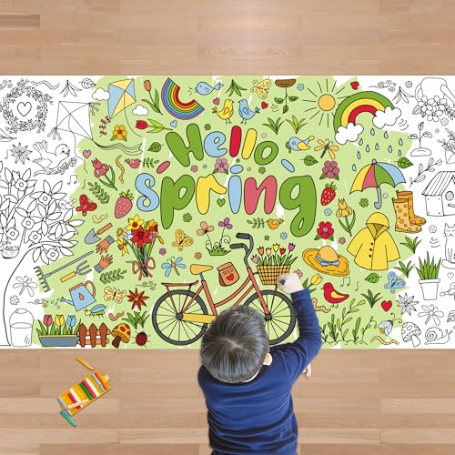 OHOME Póster gigante de primavera para colorear, decoraciones de primavera para el hogar, 76 x 183 cm, pancarta gigante para colorear para niños, manualidades, actividades, decoración, suministros