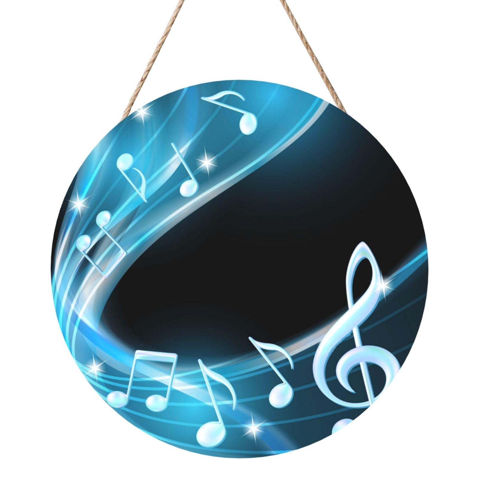 InOmak Abstract Blue Free Neon Light Music Notes, Round Wood Panel Painting 12 in, Wall Hanging Painting For Home