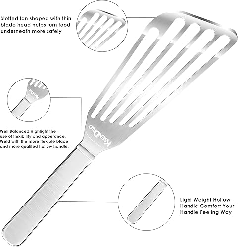 Miniatura 8 de KSENDALO Espátula de pescado de acero inoxidable, espátula para huevos con hoja delgada y flexible ranurada y en ángulo para cocina, parrilla,
