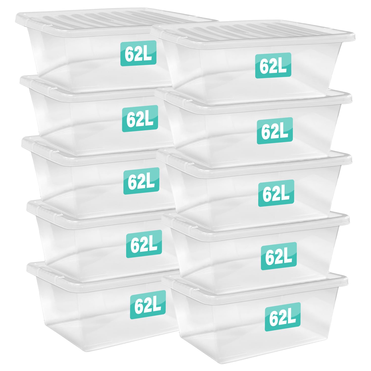 Optimal Products 10 x 62 Litre Clear Plastic Storage Box With Lids UK BRITISH MADE Home Office Stackable Nestable Transparent Plastic Boxes, Size 5,11,24,28,35,45,62 Litre (10 Boxes, 62 Litre)