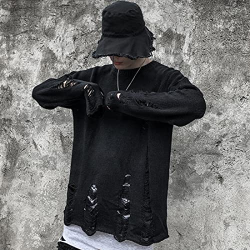 Zhiyouni Womens Punk Gothic Sweater Loose Oversized Striped Ripped Pullover Knit Sweaters2