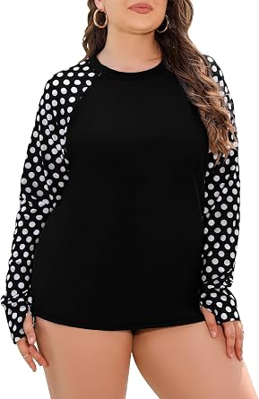 Halcurt Women's Plus Size Long Sleeve Rash Guard Swim Shirt with Thumb Holes UPF50+ Sun Protection Swimsuit Top