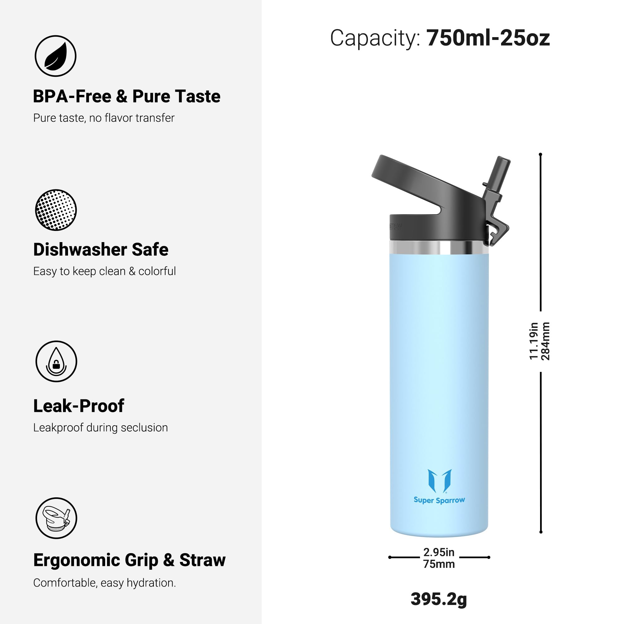 Super Sparrow Borraccia Termica - 500ml, 750ml, 1000ml, 1.2L, 1.5L- SwivelSip Inox Bottiglia - Senza BPA Borracce Termiche, Borraccia Ergonomica per Bambini, Sportiva, Bici, Campeggio, Palestra