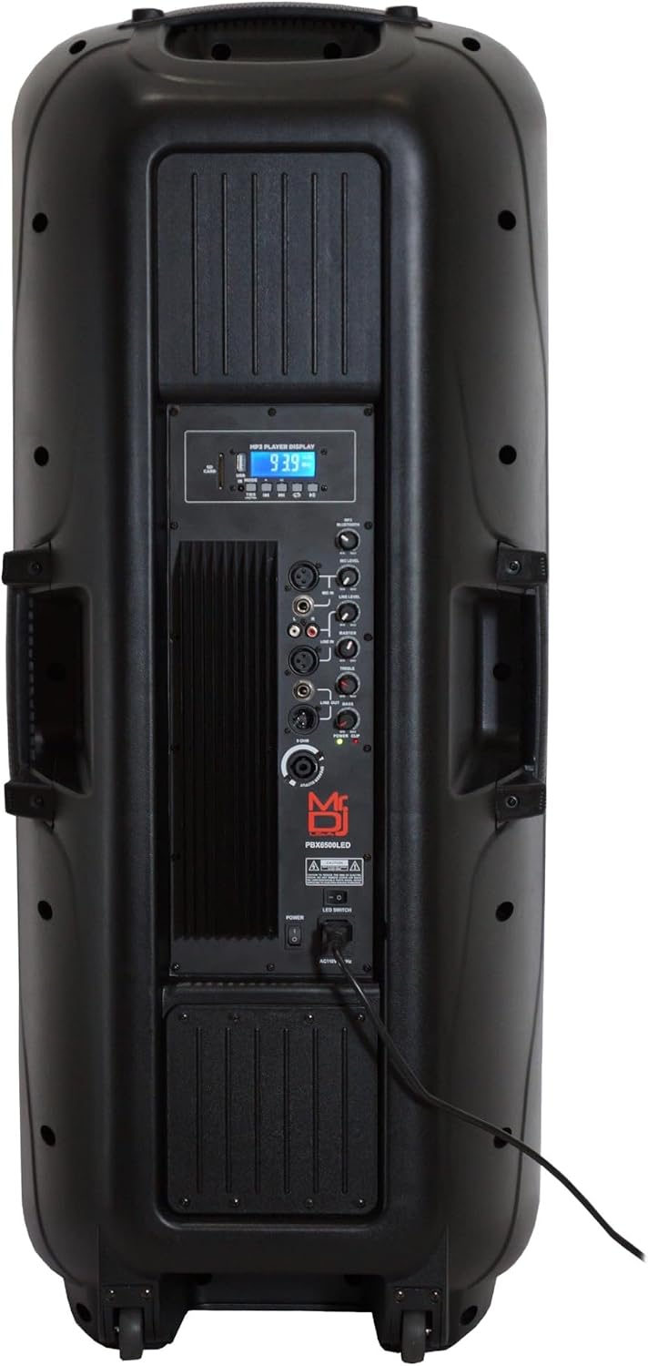 Rear panel of Mr. Dj PBX6500LED active speaker showing inputs, outputs, and controls