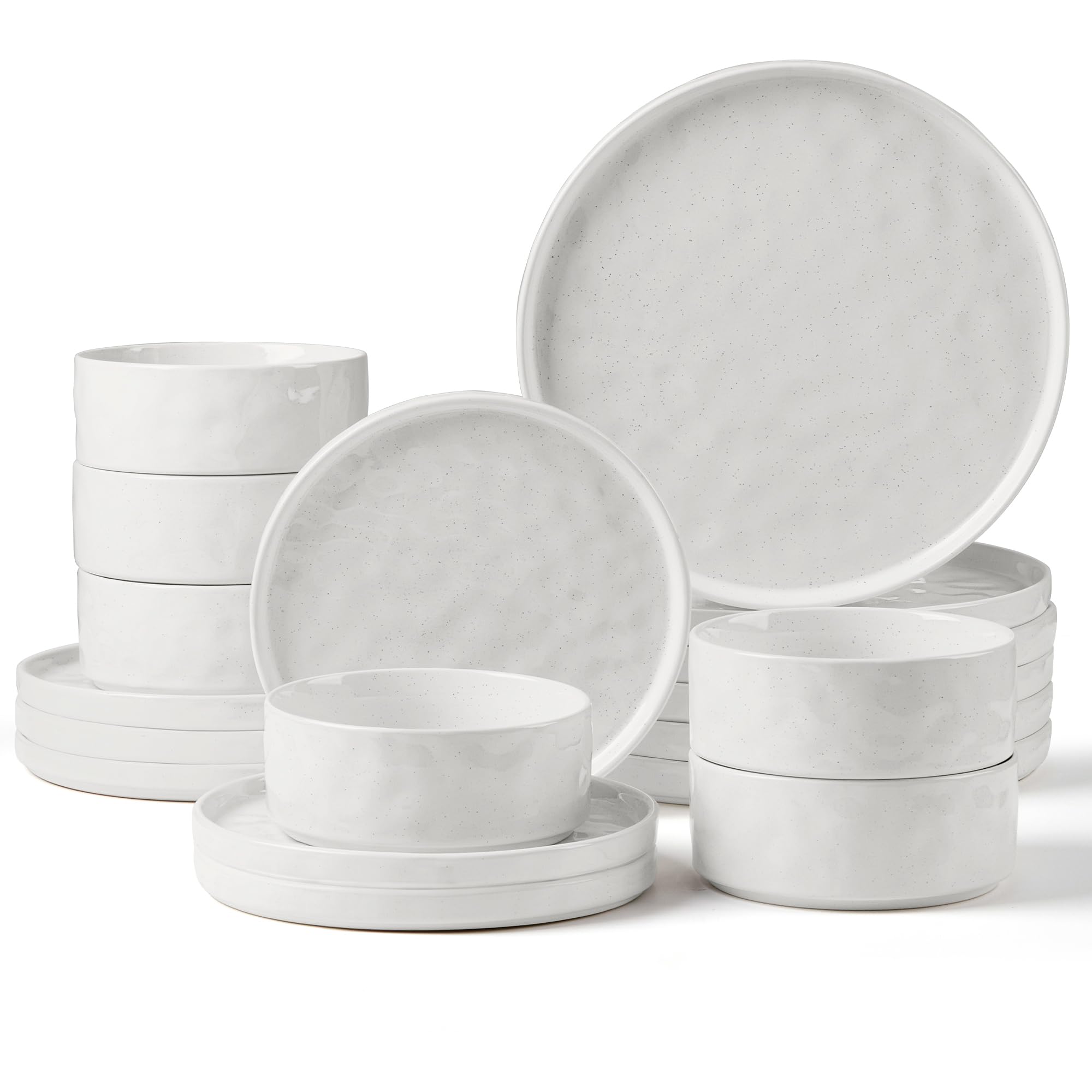 Herogo 18 Piece Dinner Set, Stoneware Dinnerware Sets for 6 People, Reactive Glaze Dining Plates and Bowls, Microwave and Dishwasher Safe, Chip and Scratch Resistant, Elegant Speckled Pearl White