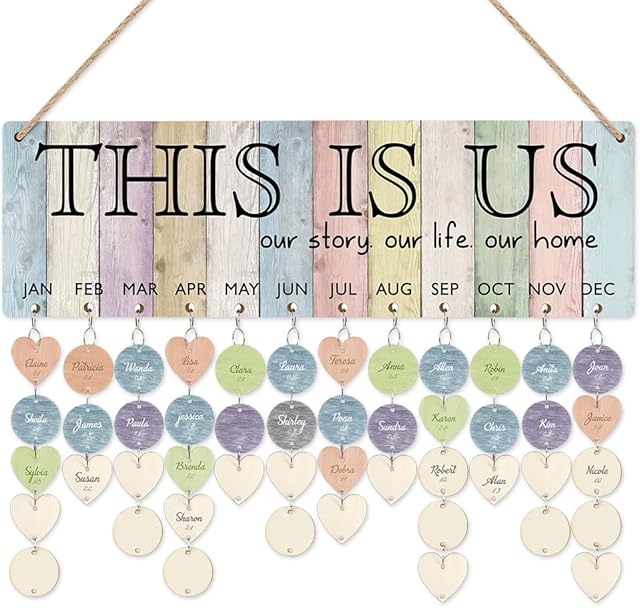 CHDITB This Is Us Family Birthday Reminder Calendar Board(16x5), DIY Birthday Gifts for Mom/Dad/Grandma, Wooden Family Birthday Tracker Plaque Wall Hanging with 100 Heart/Circle Tags
