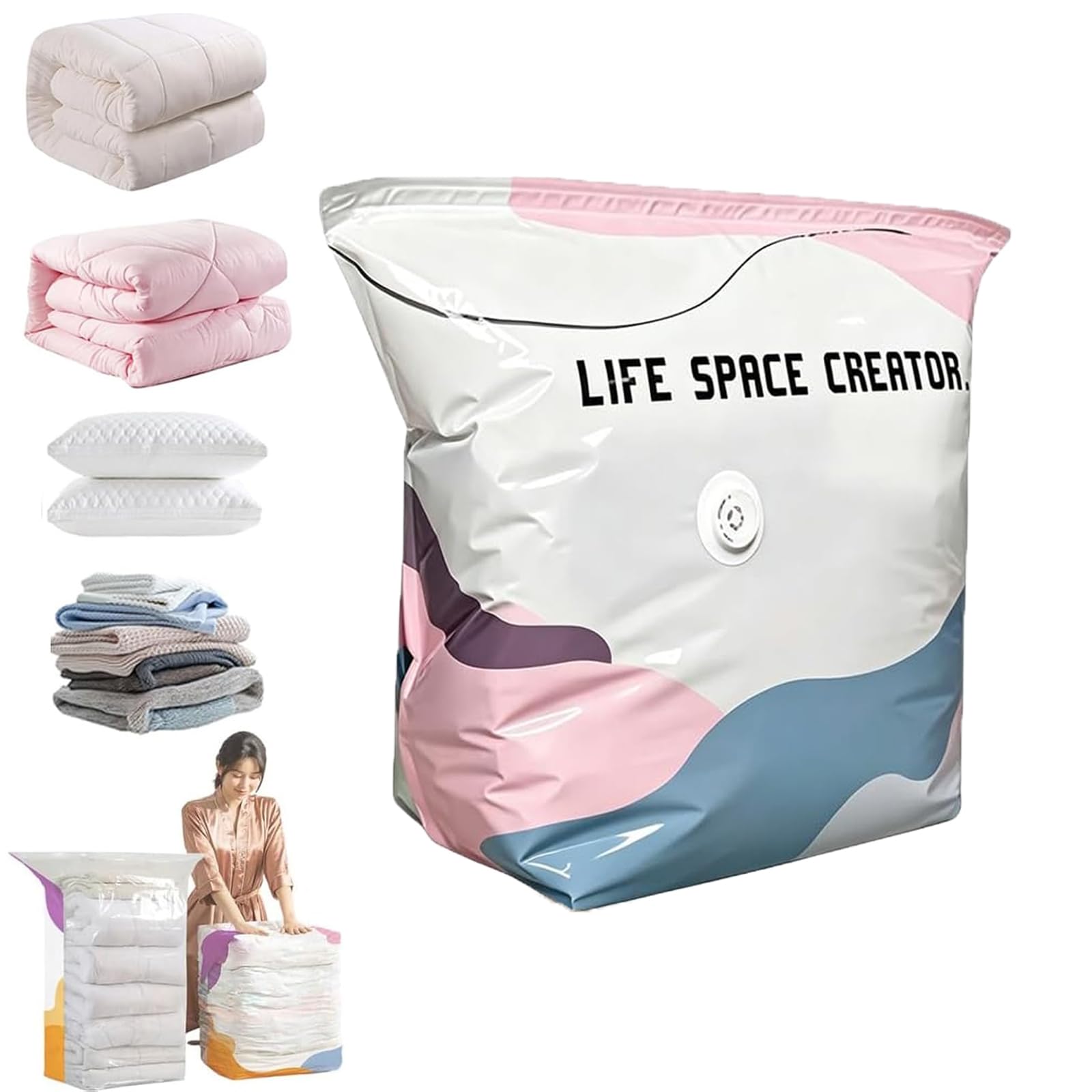 Large No-Pump 3D Vacuum Storage Bags 3-Sec Fast Compression, Press & Seal Roll-Up Compression Bags, Thickened Reusable Space Saver for Clothes, Duvets, Bedding & Travel (M)