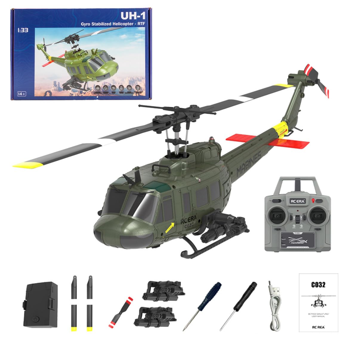 iREOGAME C032 UH-1 Huey Remote Control Helicopter, 1/48 Scale Flybarless RC Helicopter for Adults, with Optical Flow Positioning, Upgraded Armament