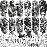 74 Sheets Jesus Christ Temporary Tattoos For Women Men, Half Arm Large Religious God Christian Lion Cross Fake Tattoos Adults, Bulk Realistic Angels Virgin Mary Tattoos Stickers Faith Peace