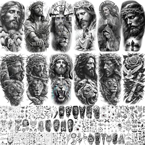 74 Sheets Jesus Christ Temporary Tattoos For Women Men, Half Arm Large Religious God Christian Lion...