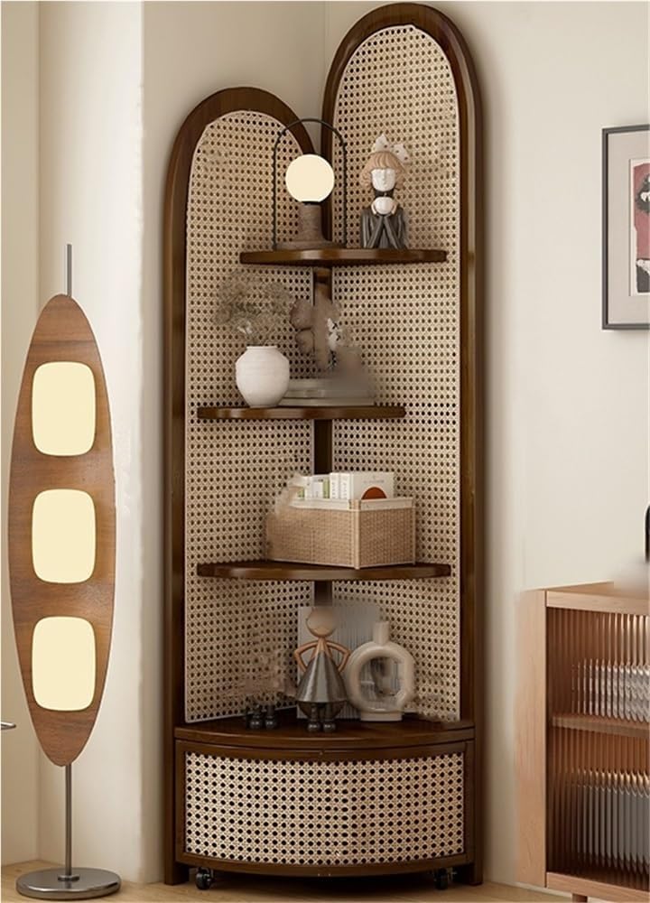 Estantería esquinera de 4 niveles mueble de ratán triangular marrón