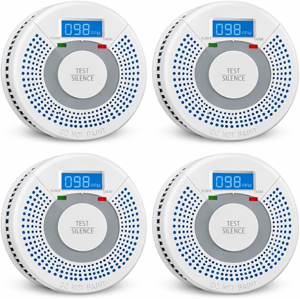 4 Pack Combination Photoelectric Smoke Alarm and Carbon Monoxide Detector Battery Operated with Digital Display