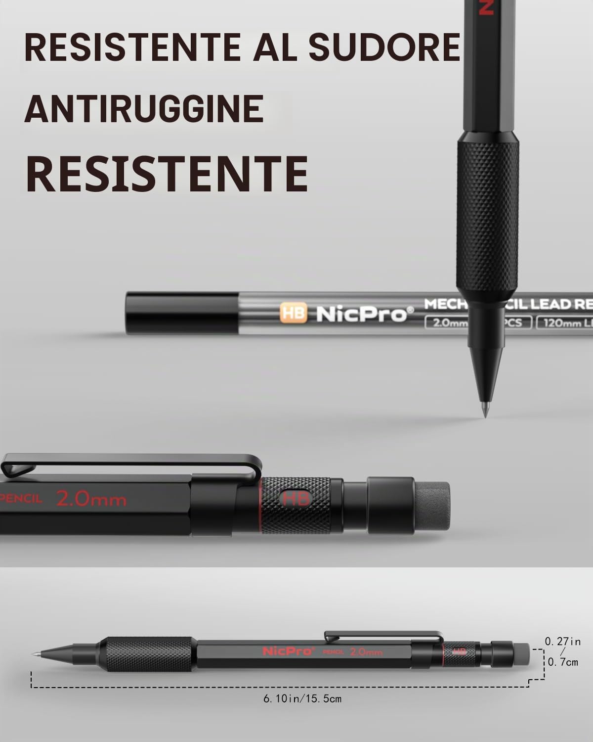 Nicpro Portamine 2 mm MP2000 con Custodia, 12 Ricariche Nera e Colorata, Gomme - Portamine in Metallo Resistente Alle Intemperie