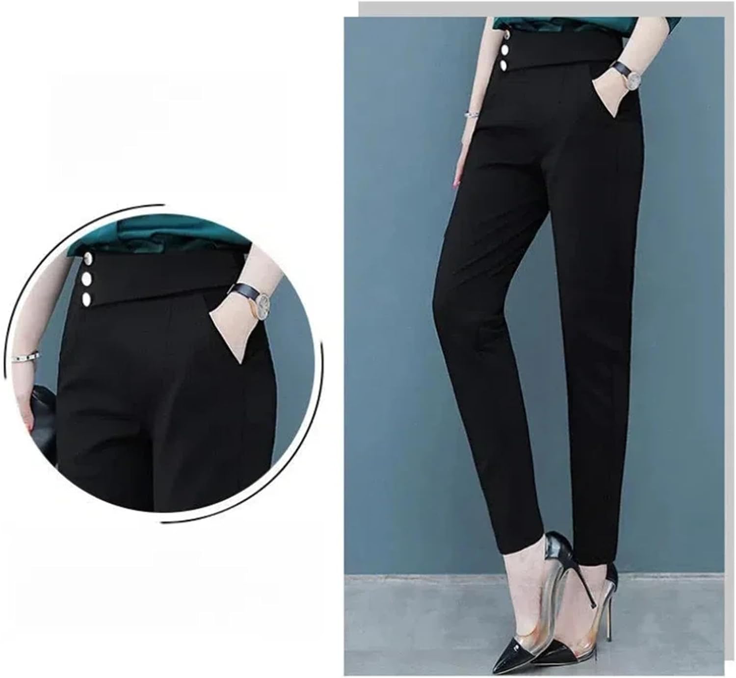 Pencil Trousers Spring Solid Color Button Elastic High Waisted Pockets Casual Women's Clothing Korean Fashion Pants