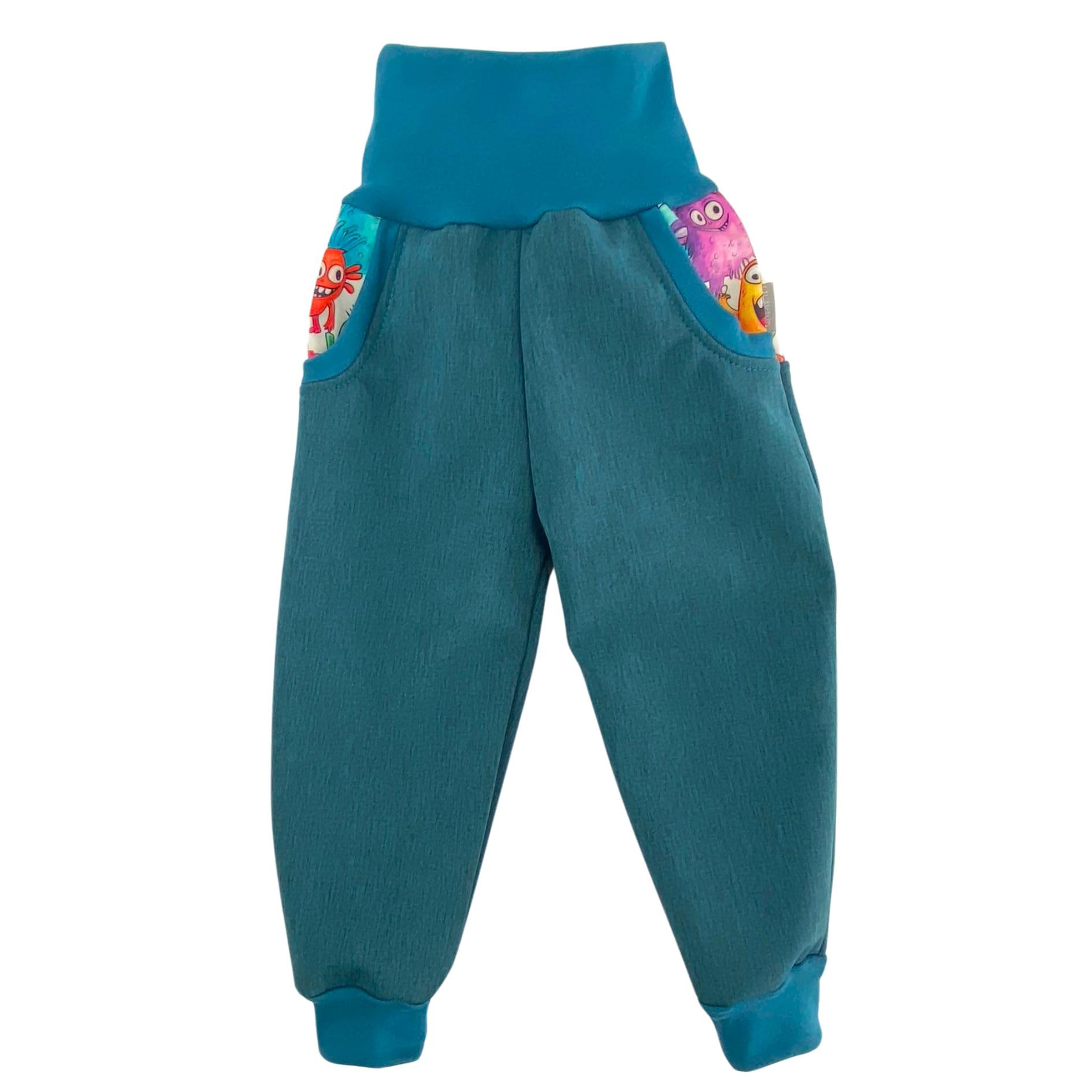 Lilakind“ Baby Kinder Softshell Hose Petrol oder Lila Meliert mit Monstern Cartoon Gr. 74-122 - Made in Germany