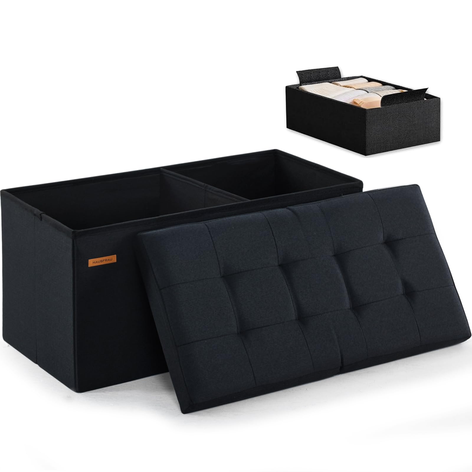 Upholstered Storage Ottoman with Flip Lid - Black Linen
