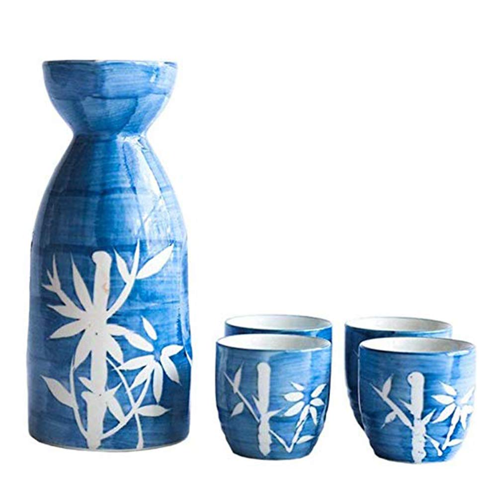 5 Piece Sake Set, Japanese Style Ceramic Wine Set, Hand Painted Bamboo Style Sake Set, for Cold/Warm/Hot Sake/Shochu/Tea, Best Gift for Family and Friends