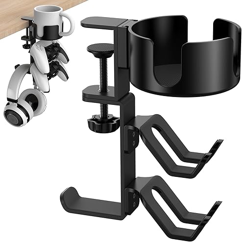 POWNEW 4 in 1 Desk Cup Holder with Headphone Hanger and Controller Stand Gaming Accessories, Universal Adjustable & Rotating Upgraded Arm Clamp for Coffee Mugs, Water Bottles, Headphones, Controller. - 4in1 Black