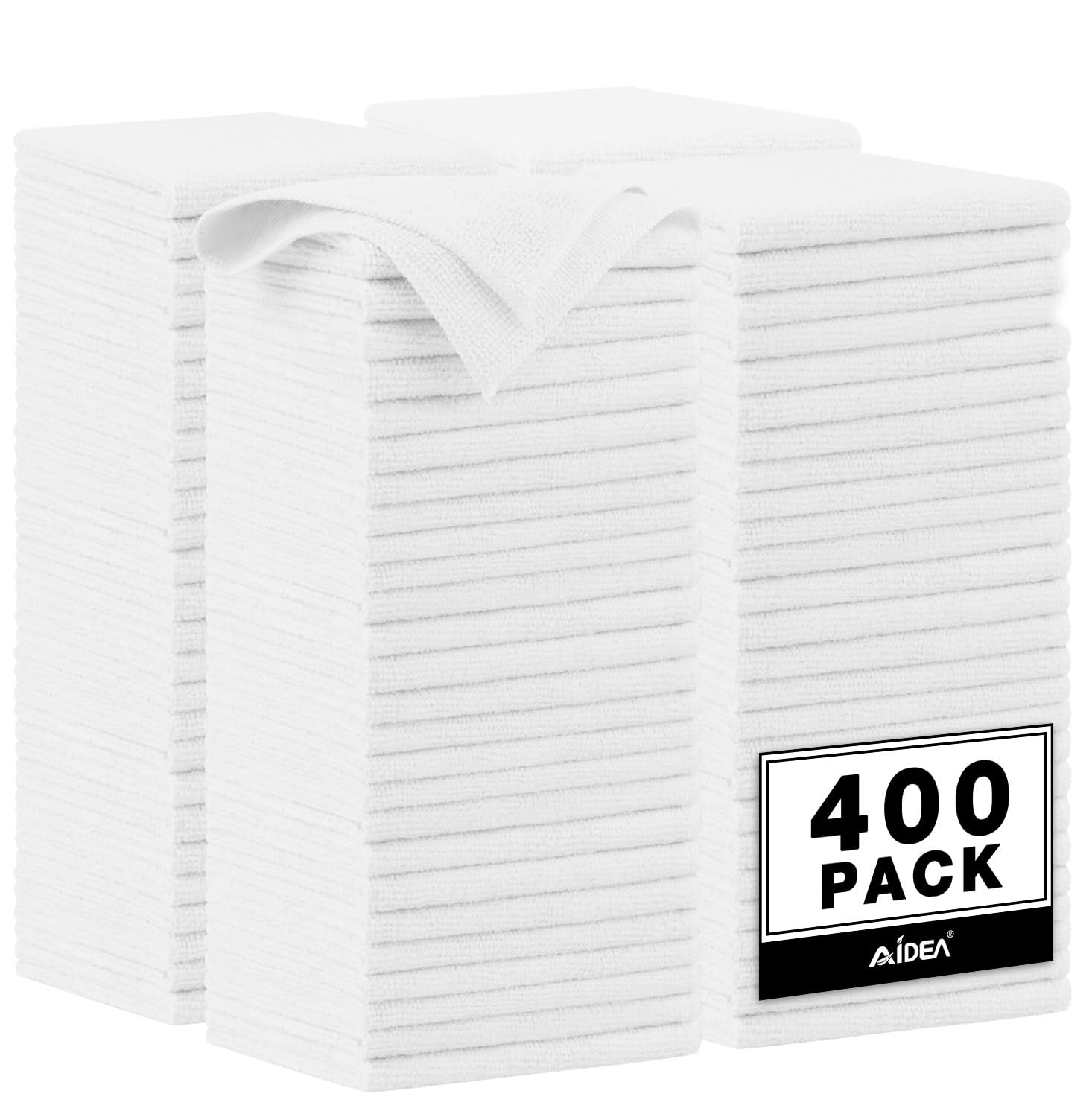 AIDEA Microfiber Cleaning Cloth White, 400PK, Microfiber Towels for Cars, Shop Towels Cleaning Rags, Premium Wash Cloths, Absorbent Towel for SUVs, House, Kitchen, Commercial, Cleaning Supplies 12×12" White 400PK