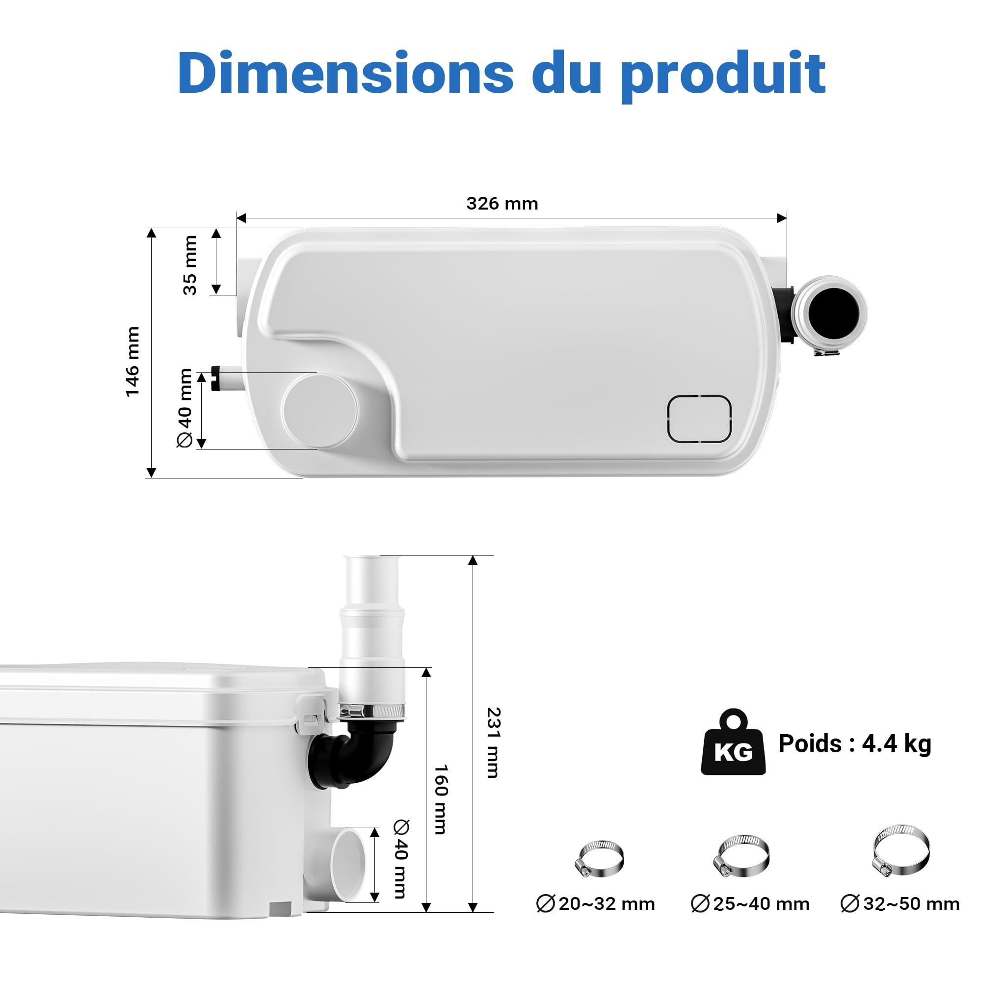 XPOtool Pompe de relevage 3/1 compacte – 250 W – avec 3 entrées – Hauteur de refoulement max. 8,5 m – Eaux usées Eaux chargées Pompage – Station de relevage pour Lavabo, Douche, Toilette, WC