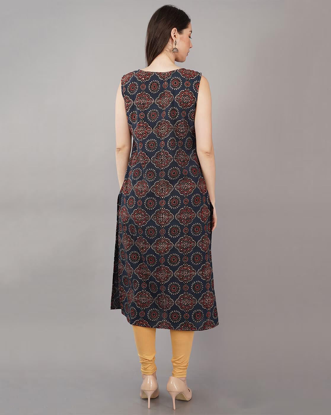 Patlani Women's Cotton Blened Sleeveless Printed Full Stitched Kurti.(K-199) Dark Blue