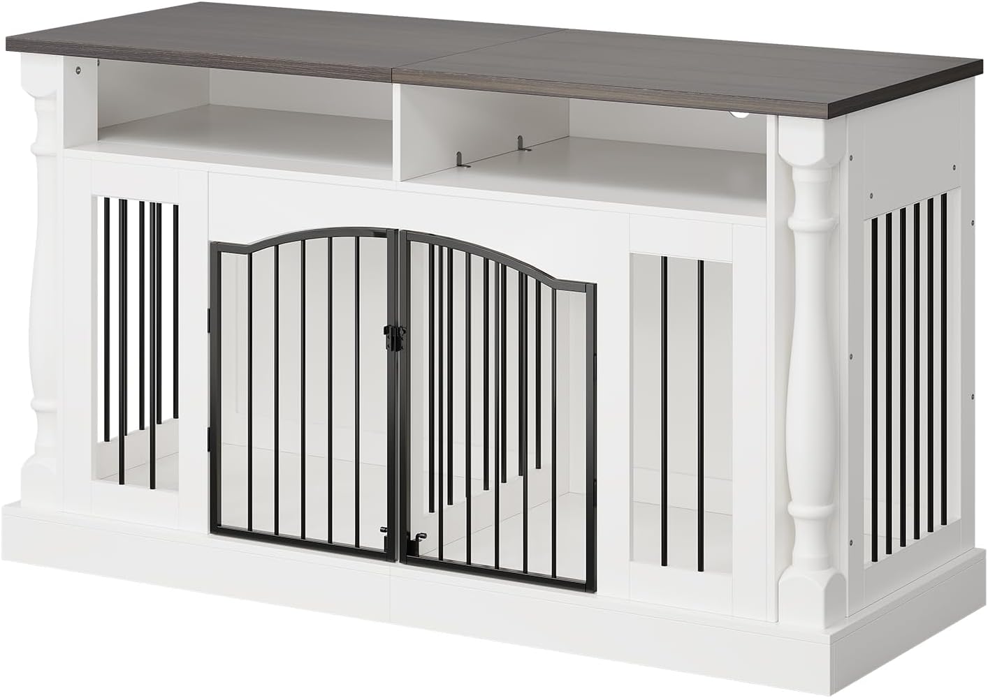 GarveeHome Roman Column 63 Inch Large Dog Crate Furniture for 2 Dogs with Open Storage, Heavy Duty Dog Kennel Entertainment Table TV Stand for Small and Medium Dogs