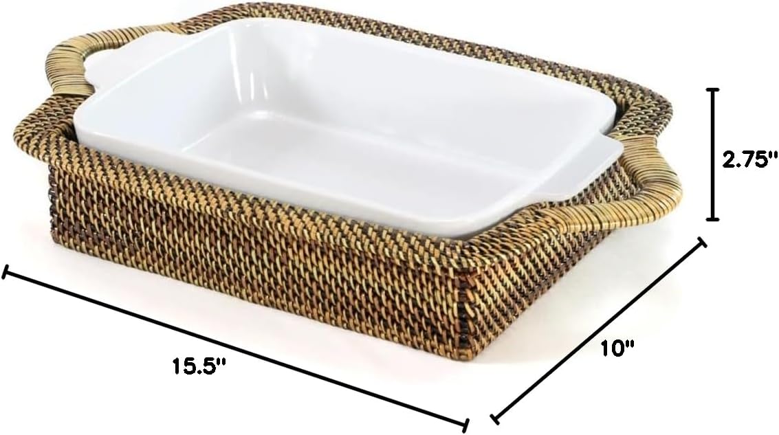 Rectangular Casserole Basket with Stoneware Roaster, Medium 2QT Bake & Serve Dish Heat Resistant Tray Handcrafted, white