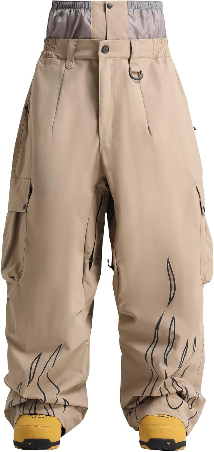 GSOU SNOW Men Baggy Snowboard Pants Women Snow Pants Waterproof Cargo Snowboarding Ski Pants with Reflective Flame Graphic