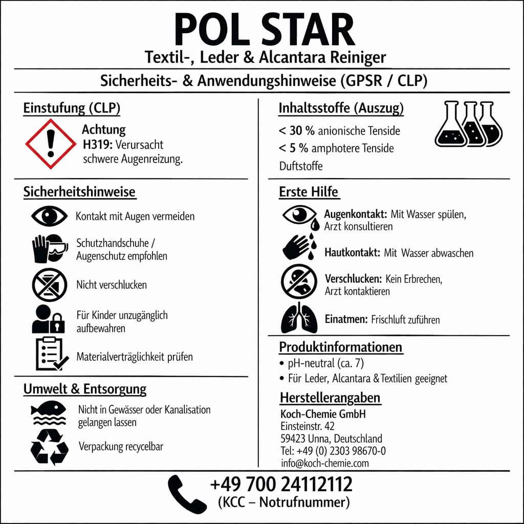 KOCHCHEMIE Pol Star 5L Innenreiniger – Leder, Alcantara & Textil Reiniger, pH-neutral, Polster- & Teppichreiniger Auto Made by Koch Chemie