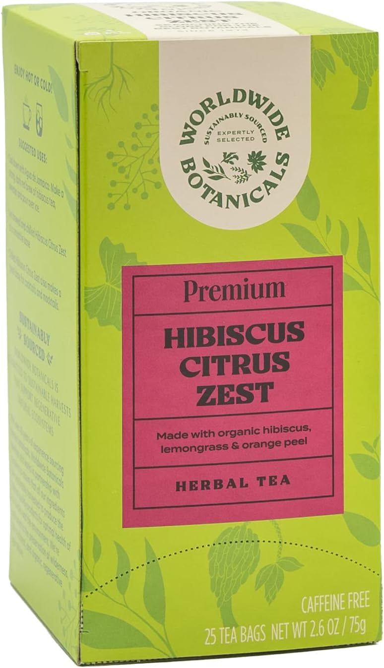 Worldwide Botanicals Hibiscus Citrus Zest Herbal Tea, 25 Tea Bags - Organic, Caffeine Free, Kosher, 50% More Herbs