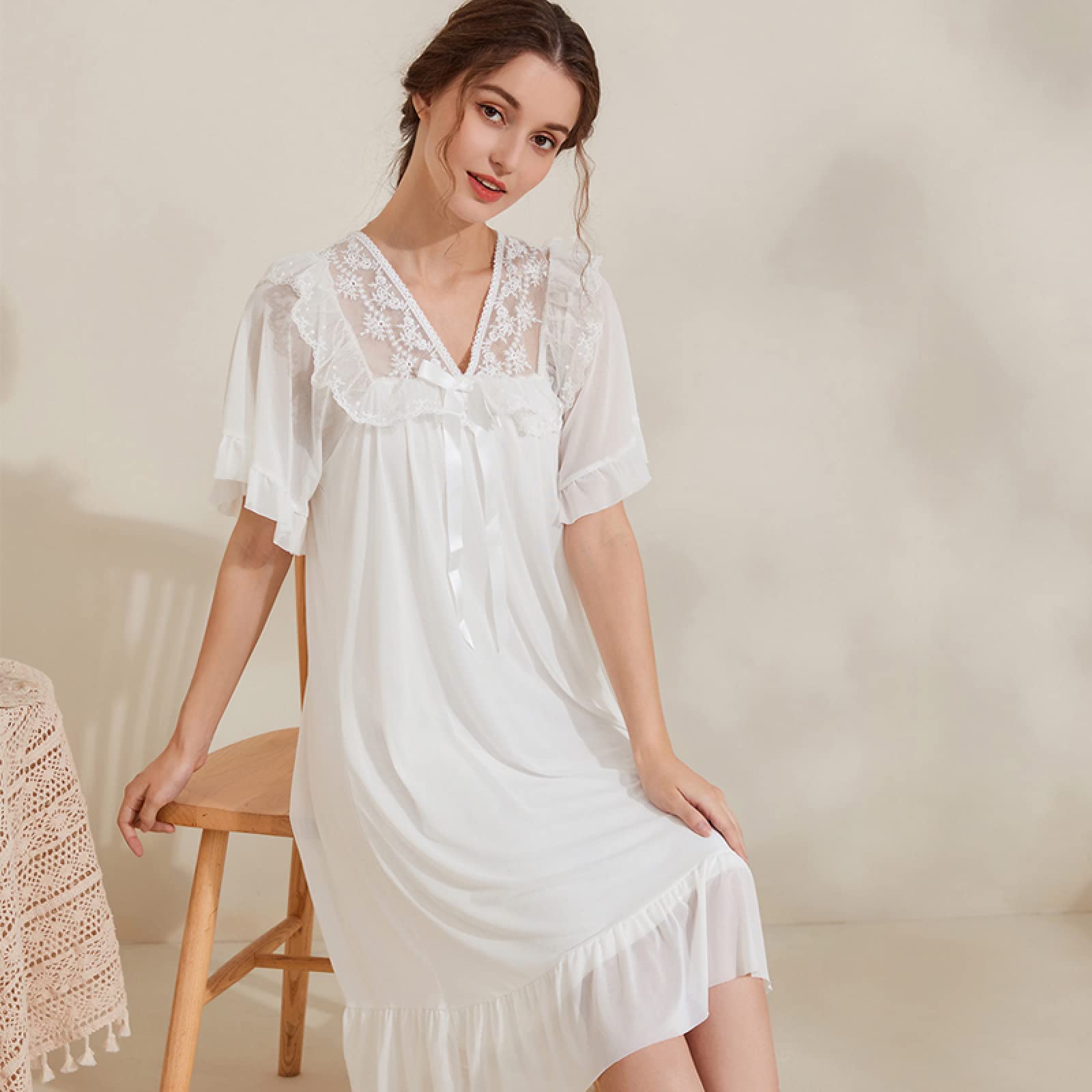 OFFSUM Camisón De Pijama De Mujer - Camisón De Princesa De Color Sólido Camisón De Verano con Lazo De Malla De Encaje Camisón De Dos Pisos Elegante Bordado Ropa De Casa Lencería