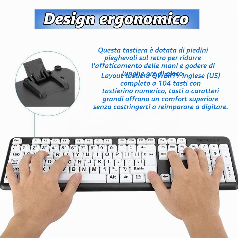Cuifati Tastiera con visione bassa, tastiera senior cablata USB con tasti di grande pressione, tasti grandi, tastiera portatile compatta cablata per laptop/PC, nero, alta