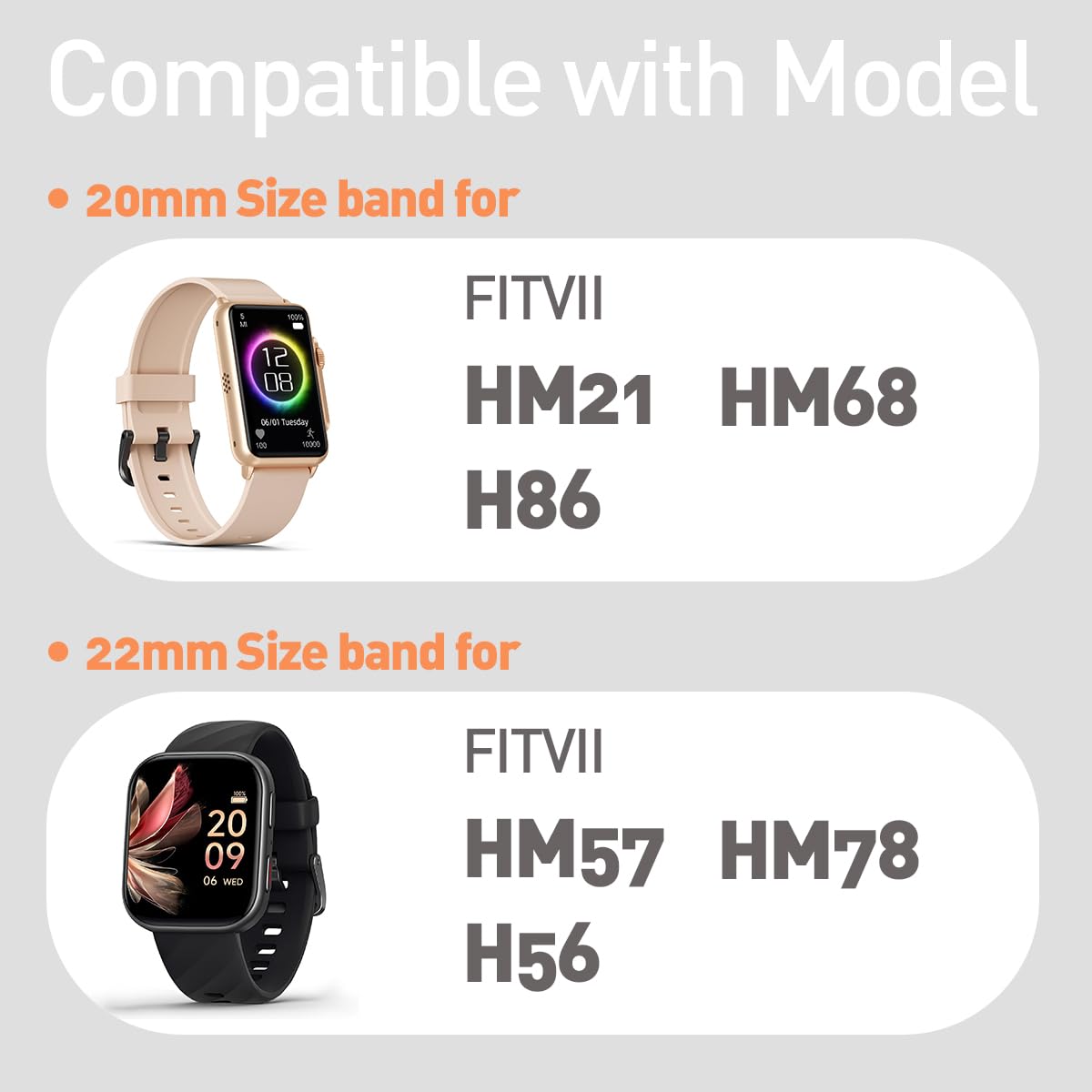 Compatible con correas de reloj inteligente FITVII, 20 mm, 22 mm, correa magnética compatible con FITVII HM57, correa magnética fuerte deportiva de silicona para reloj inteligente HM78, HM68, HM21