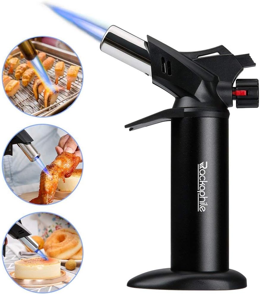 Rackaphile Kitchen Blow Torch Lighter, Chef Cooking Torch Refillable Adjustable Flame Lighter with Safety Lock for DIY, Creme, Brulee, BBQ and Baking, Black (Butane Gas Not Included)