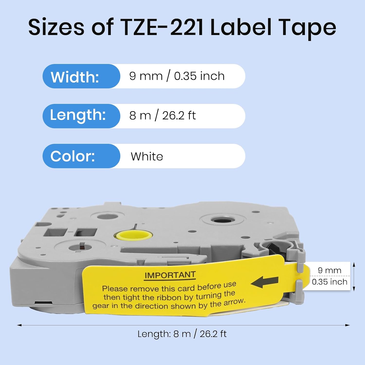 TZe-221 9mm 0.35'' Replacement Label for Brother P-Touch Maker Laminated White Tape Refills TZ221 TZe221 for PT-D210 PT-H110 PT-D220 PT-D400, File Folder Office School Organization, 3/8 Inch, 26.2'