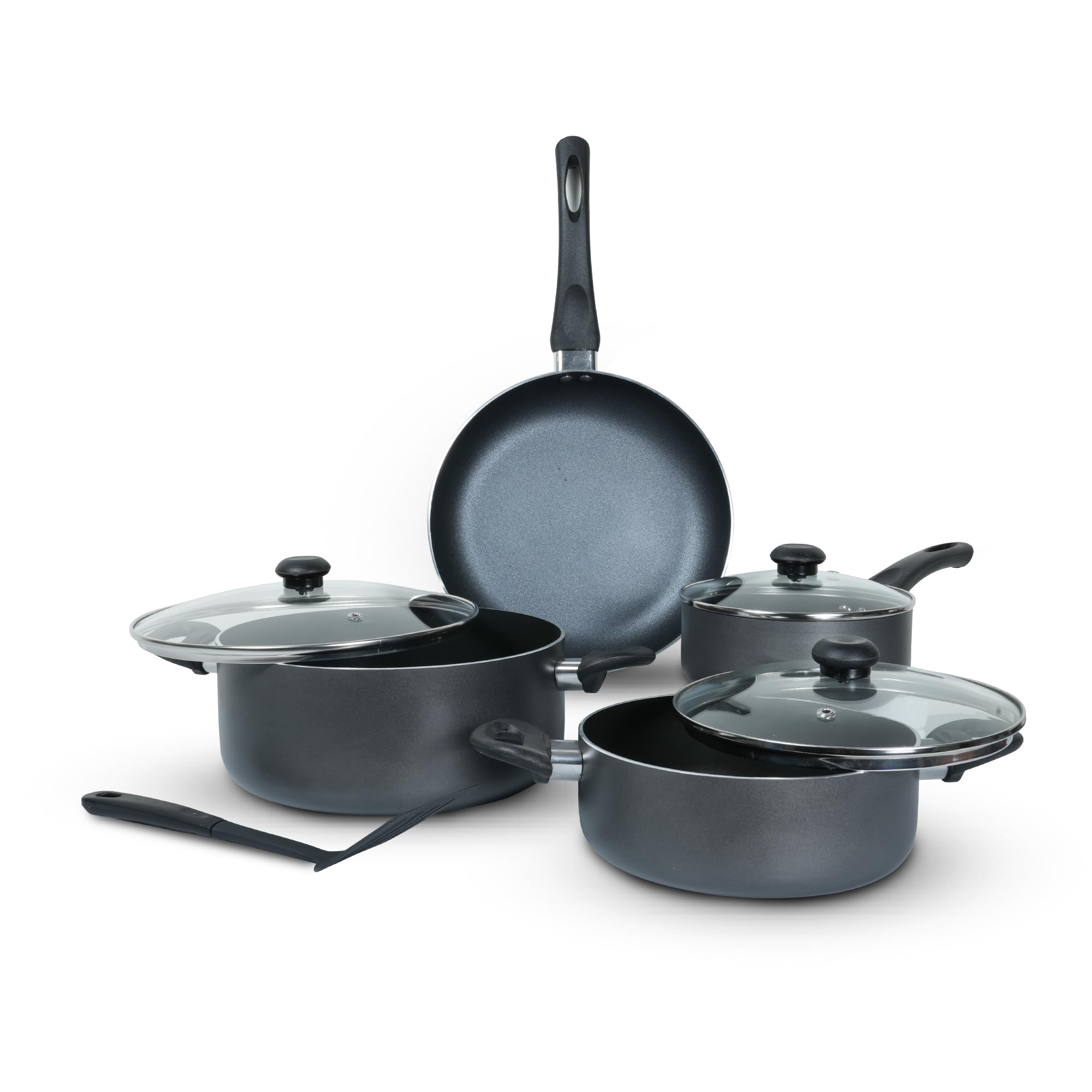 8-Piece Nonstick Cookware Set Aluminum, Kitchen Essential Bundle With Tempered Glass Lids,2 Casserole With Lid, Saucepan With Lid, Frypan And Nylon Turner, Dishwasher Safe, PFOA Free,(NCS8G)