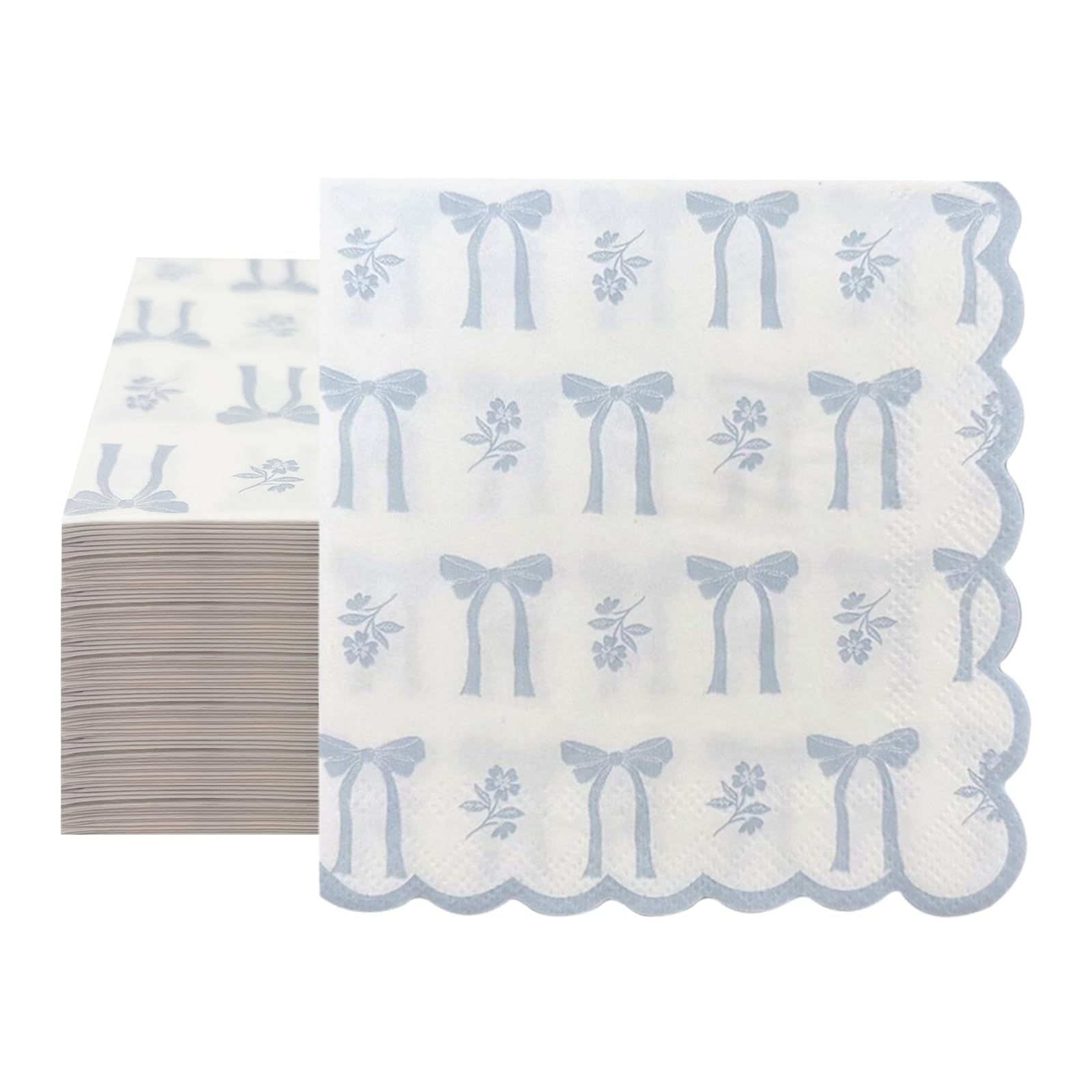 40PCS Pretty Napkins - Blue Bow Paper Napkins Patterned, Summer Disposable Party, Cocktail Serviettes, Full Page Printing