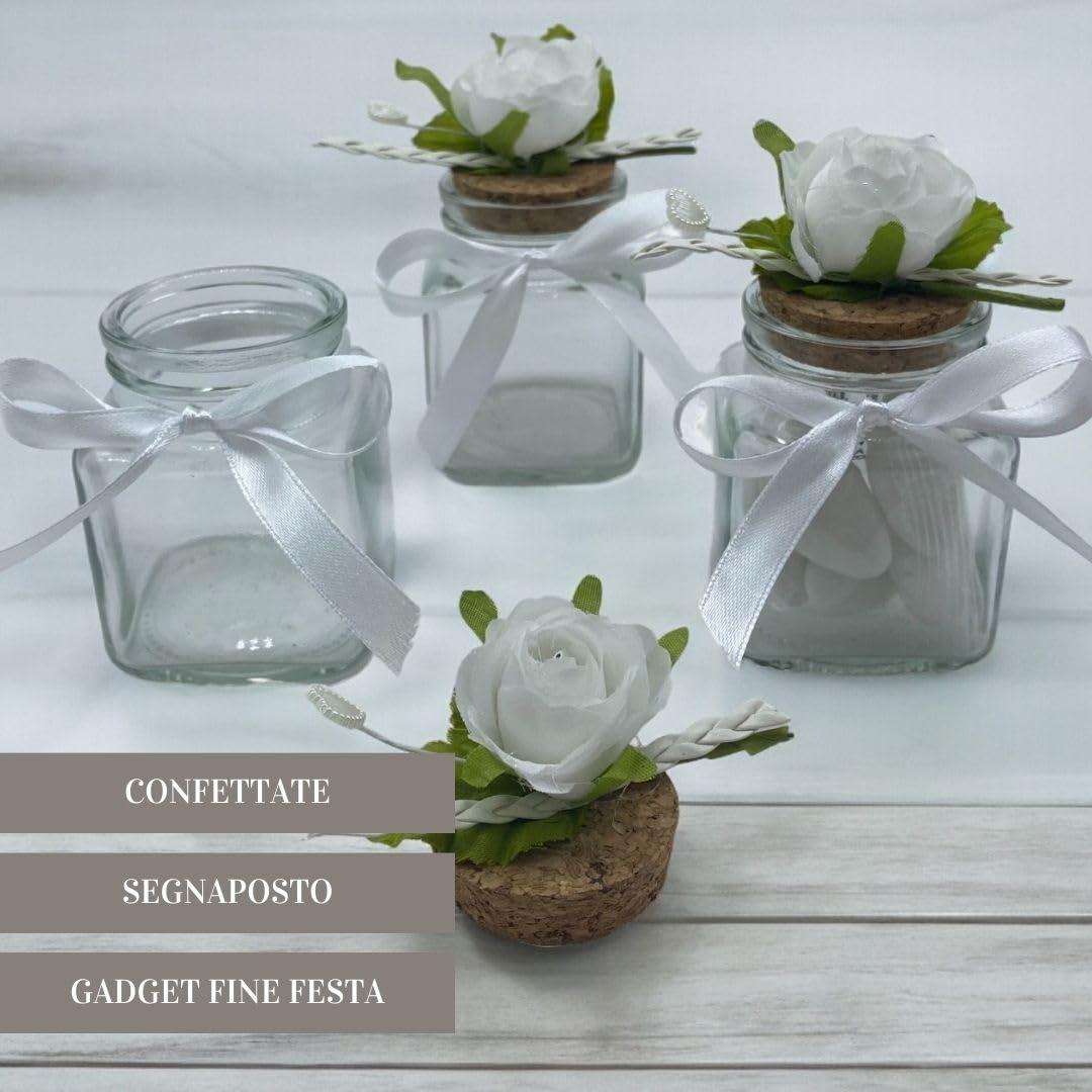 Ingrosso e Risparmio Set mit 12 Schachteln für Konfekt mit Blume auf Korkverschluss, 12 Beutel für Konfekt, 12 personalisierbare Aufkleber mit Schleife, Hochzeit, Kommunion, Konfirmation (weiß)