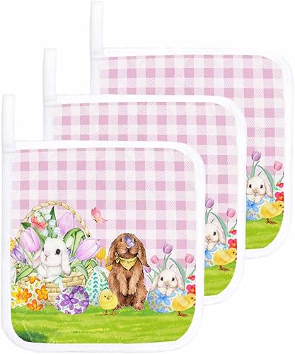 3 Packs Easter Plaid Rabbits Pot Holders Sets for Kitchen,Oven Pan Plate Bowl Pads Heat Proof Mat with Hanging Loop,Terry Cloth Potholders Soft Grip disponible en Yaxa Colombia