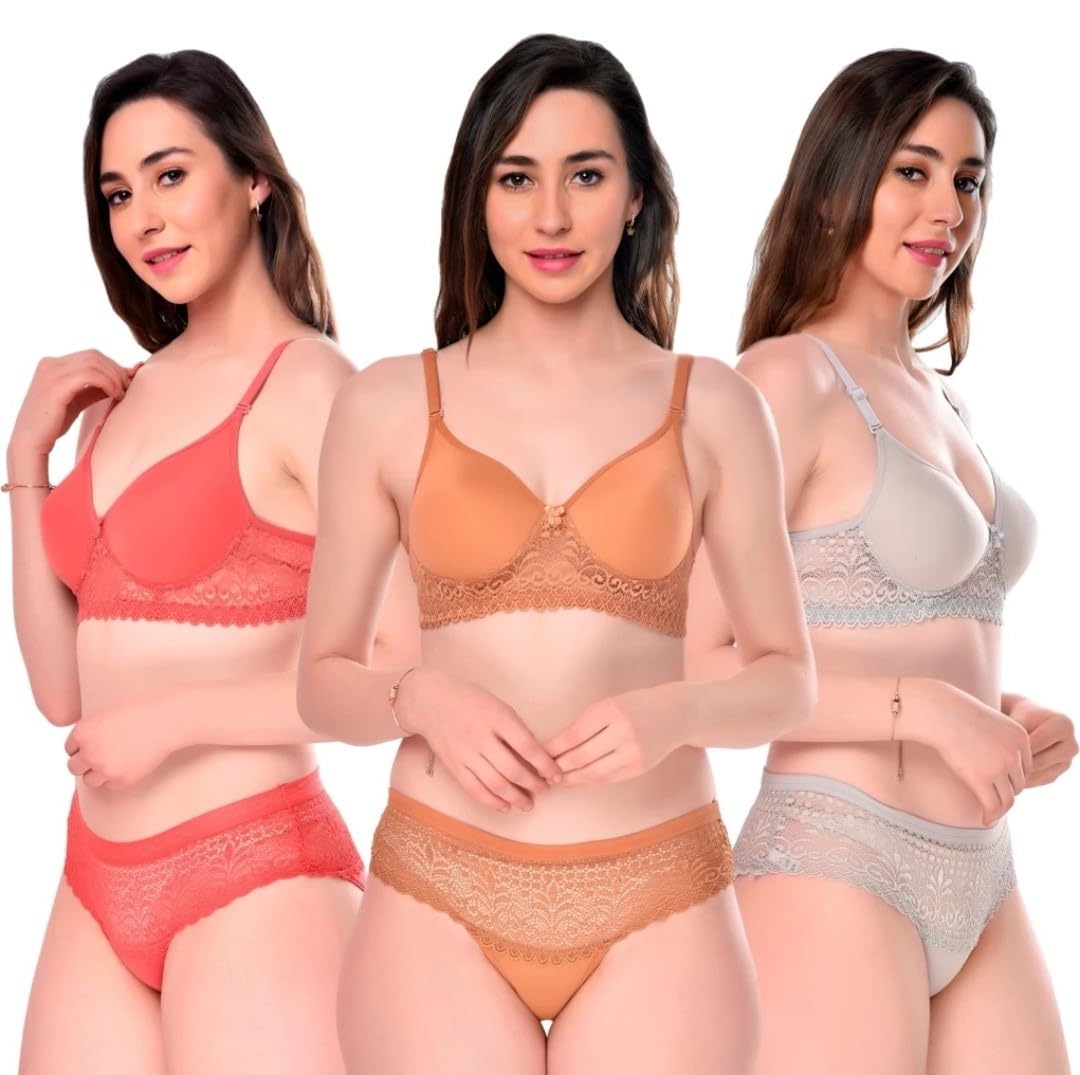 BYLKO Women's Bikini Padded Bra & Panty Regular Lingerie Set|Bra Panty Set | Panty Bra Set for Women Combo Pack of 3