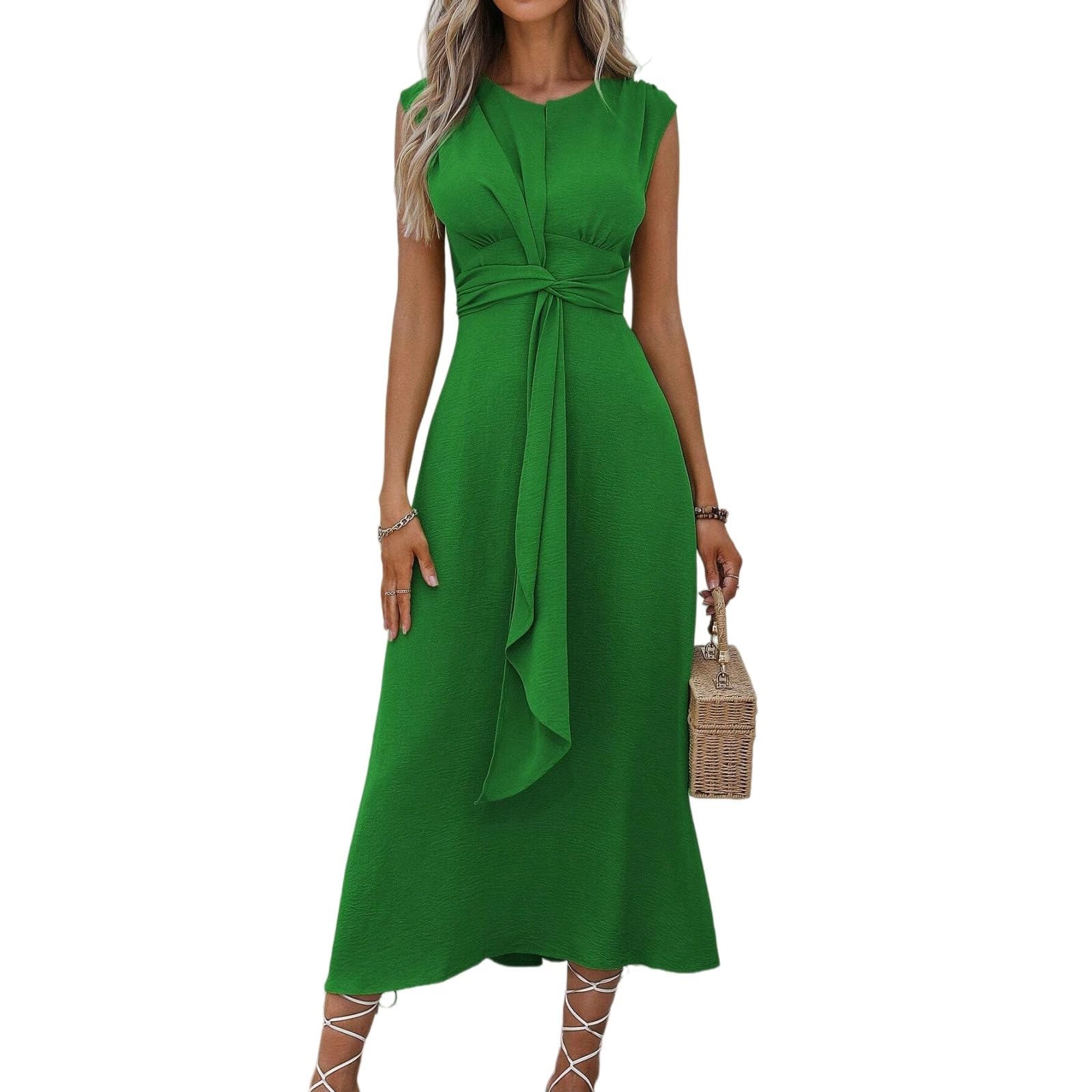 Vestito Abito da Donna A-Line Midi - Senza Maniche, Cinturine Anteriori Sottili, Design A Cintura, Perfetto per l'Abbigliamento Estivo Casual E Serale-Blue-m